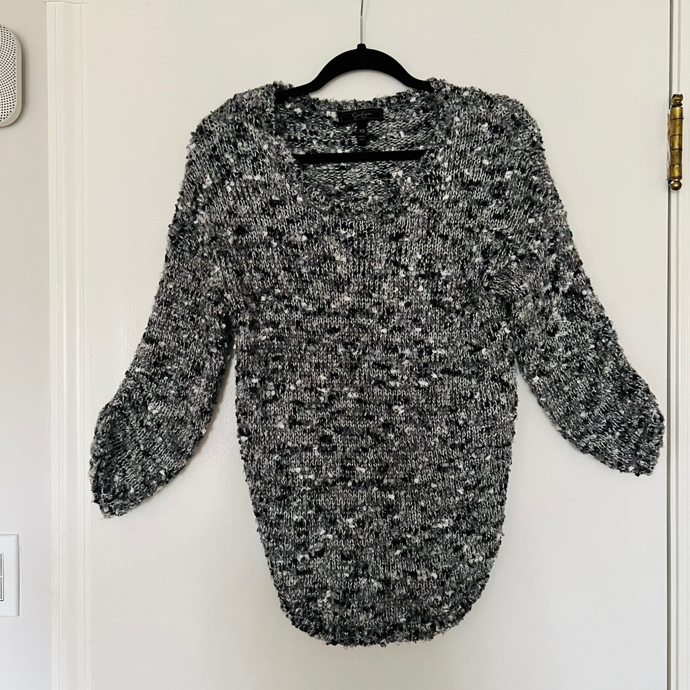 Jessica Simpson Grey White Blue Crop Knit Pullover Woven Asymmetrical XS Sweater